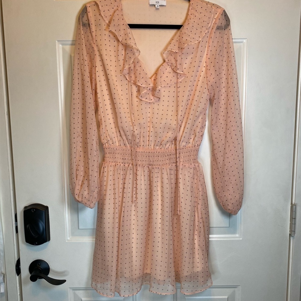 NSR Peach and Black Polka-Dot Dress Sz S Sheer Ruffled V-Neck Elastic Waist